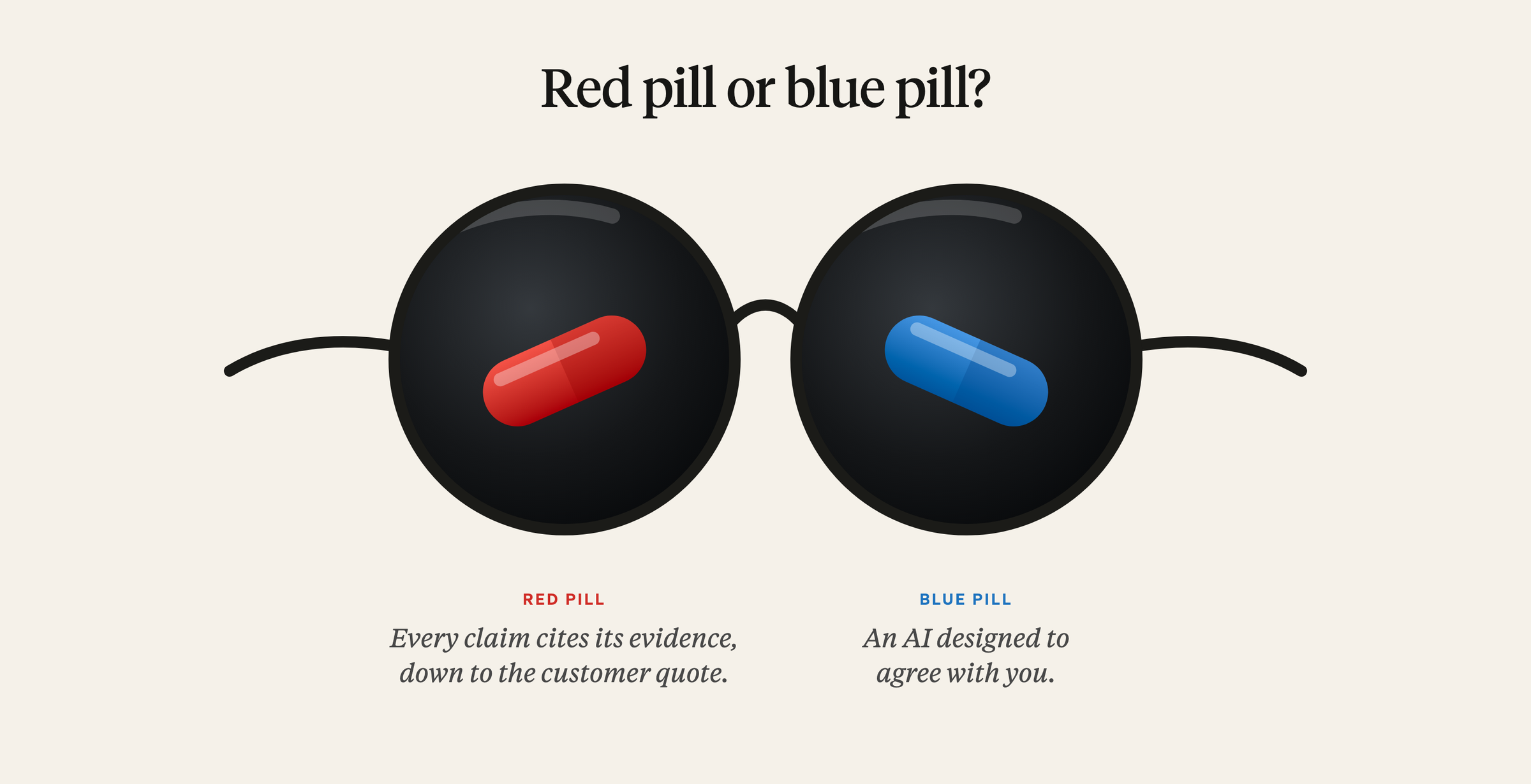Red pill or blue pill? Red pill: every claim cites its evidence, down to the customer quote. Blue pill: an AI designed to agree with you.