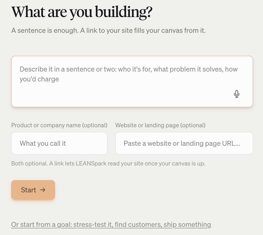 LEANSpark's start screen: describe what you're building in a sentence, or paste a link to your site