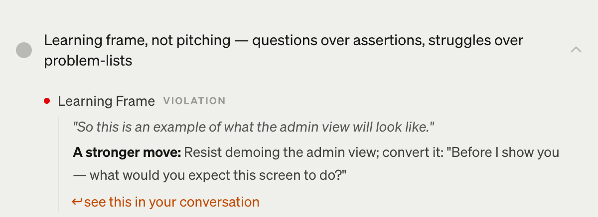LEANSpark's interview assessment flagging a pitching moment: Learning Frame, violation, quoting "So this is an example of what the admin view will look like," with a stronger move to try instead
