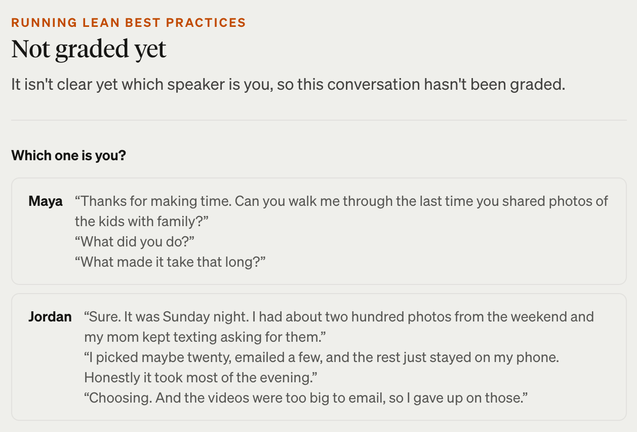 LEANSpark's interview assessment saying Not graded yet: it isn't clear which speaker is you. It asks Which one is you? and shows each speaker's first lines to pick from
