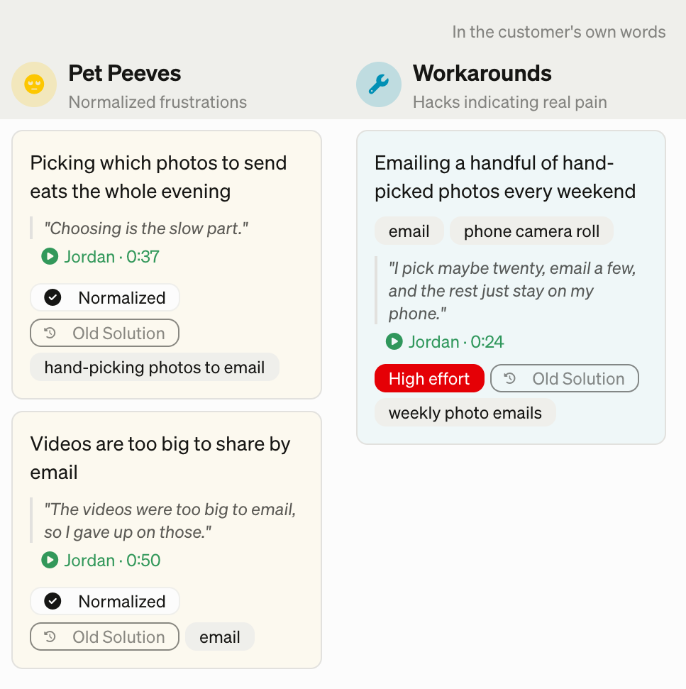 Part of an interview write-up in LEANSpark on a test account: pet peeves and workarounds, each with the customer's own words and a time stamp that opens the transcript at that line